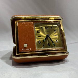 1960s Elgin Orange Travel Alarm Clock Dual Light